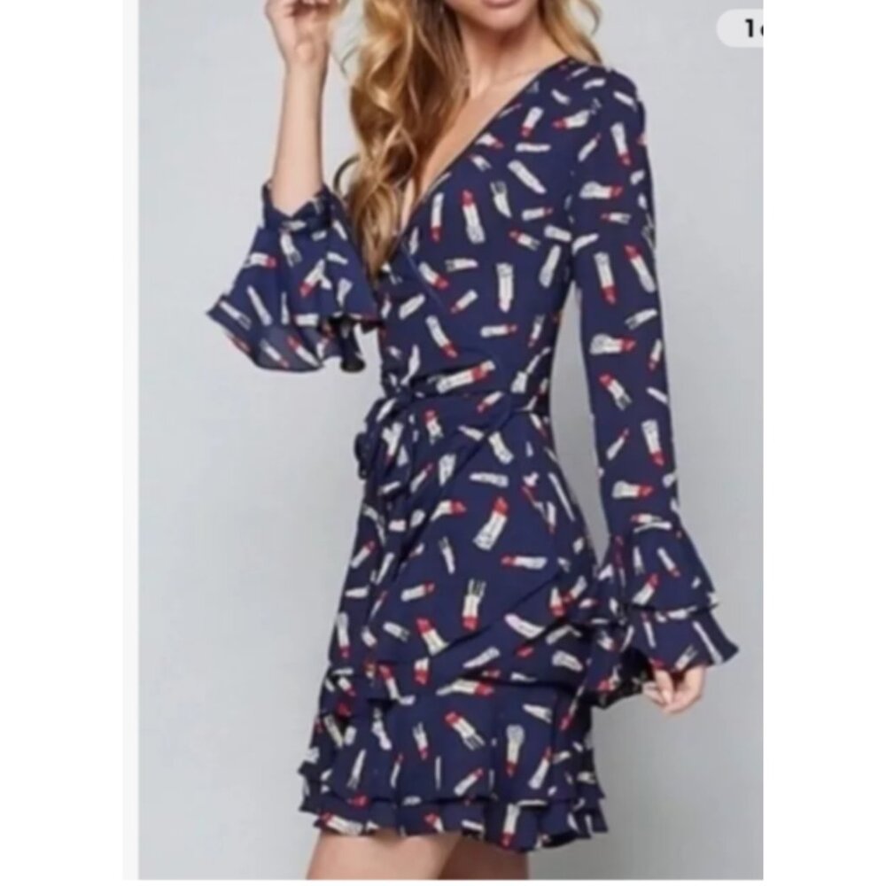 Bebe Wrap Navy Blue Lipsticks Print Long Sleeve Flare Sleeve Dress Size 2